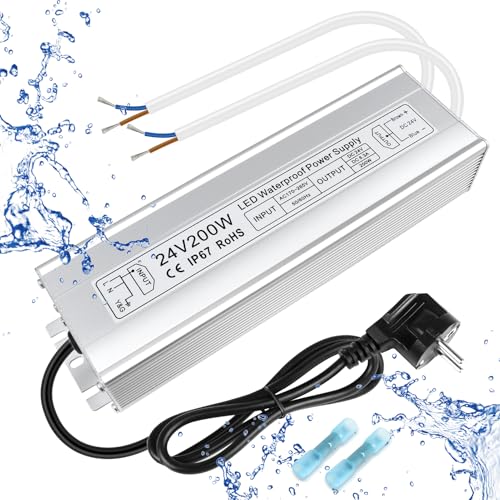 inShareplus LED Trafo 24V 8.33A 200W IP67 Wasserdichter Outdoor-Treiber, AC 170-265V zu DC 24 Volt Niederspannungs-Transformator, 24V Netzteil für LED-Licht, Computerprojekt, Außeneinsatz von inShareplus
