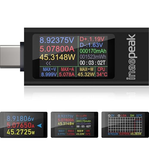 inaepeak USB C Tester Messgerät, USB Messgerät mit Anzeige, 0-12A Current 4-30V Voltage 0-360W Power Type-C Strommessgerät, USB Power Meter für Handy/Computer/Ladeschatz/Ladegerät Ladeerkennung inaepeak USB C Tester Messgerät, USB Messgerät mit Anzeige, 0-12A Current 4-30V Voltage 0-360W Power Type-C Strommessgerät, USB Power Meter für Handy/Computer/Ladeschatz/Ladegerät Ladeerkennung von inaepeak