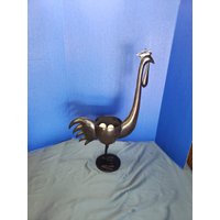 Vintage Großer Art-Deco-Schwarzmetall-Huhn-Hahn Mit Eierkorb 26, 5 " von incredibleefinds