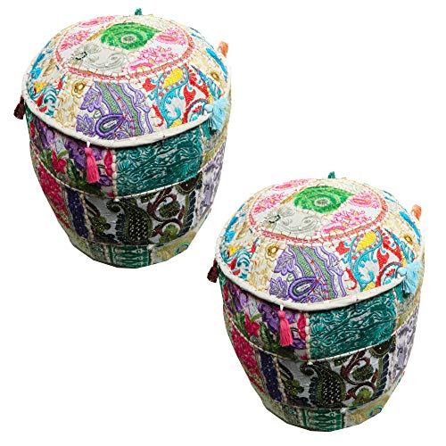 2X Indischer Sitzhocker Mudha orientalisches Baumwoll-Patchwork auf Rattankorb von indischerbasar.de