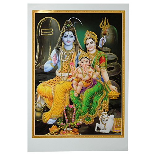 Bild Shiva & Parvati mit Ganesha 50 x 70 cm Gottheit Hinduismus Kunstdruck Plakat Poster Gold Indien Hochglanz Dekoration von indischerbasar.de