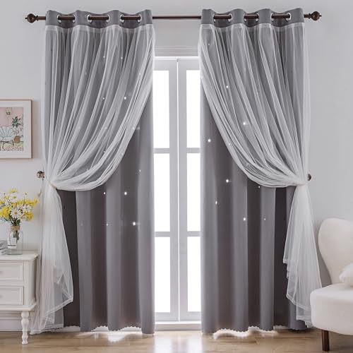 Indistar Verdunkelungsvorhänge mit Sternenausschnitt, doppellagig, Sternausschnitt, Fensterdekoration (2 Paneele, 132 x 213 cm, Grau) von indistar