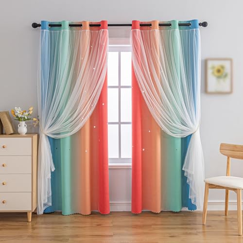 indistar Verdunklungsvorhänge für Schlafzimmer, 2-lagiges Design aus Stoff und Tüll, hübscher Fenstervorhang für Kinderzimmer, 1 Paneel (B132 x L241 cm Regenbogen) von indistar