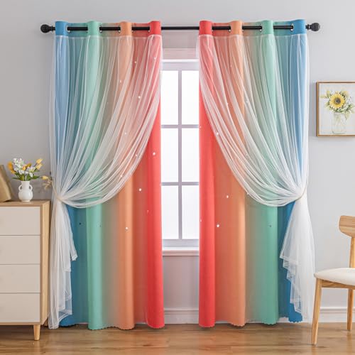 indistar Verdunklungsvorhänge für Schlafzimmer, 2-lagiges Design aus Stoff und Tüll, hübscher Fenstervorhang für Kinderzimmer, 1 Paneel (B132 x L160 cm Regenbogen) von indistar