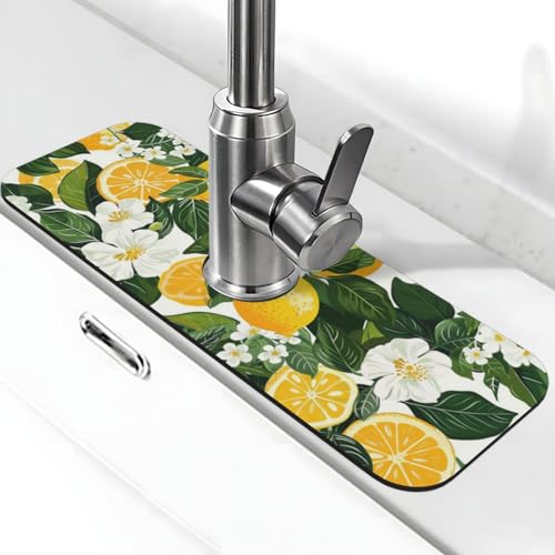 Wasserhahn-Ablaufmatte für Küchenspüle, gelbe Zitronen, grüne Blätter, Kieselalgen-Schlamm, saugfähige Abflussmatte für Badezimmer, Küche, Spüle, Spritzschutz, Abtropfmatte von indokyeyqaz