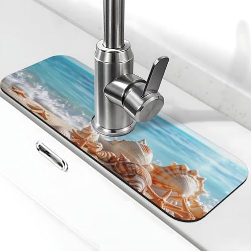 Wasserhahn-Abtropfmatte für Küchenspüle, Strand, Muscheln, Seesterne, Kieselalgen, Schlamm, saugfähige Abflussmatte für Badezimmer, Küche, Spüle, Spritzschutz, Abtropfmatte von indokyeyqaz