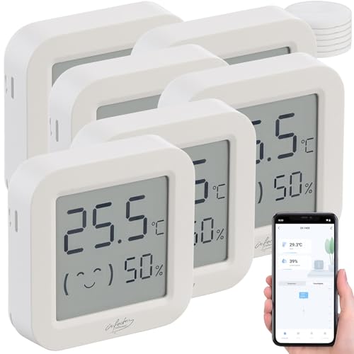 infactory Innenthermometer: 6er-Set Mini-Thermo-/Hygrometer, Komfort-Anzeige, LCD, Bluetooth, App (Zimmer-Thermometer, Wandthermometer, Datenlogger) von infactory