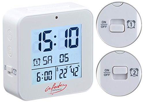 infactory Funkwecker 2 Weckzeiten: Funk-Wecker mit 2 Weckzeiten, Thermo-Hygrometer, Lichtsensor, weiß (Funkwecker mit Zwei, Digital 2, Alarmzeiten) von infactory