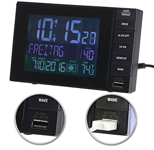 infactory Funkwecker mit Netzteil: Funkwecker mit Temperatur-Anzeige, USB-Ladestation (2 A), 2 Weckzeiten (mit Stromanschluss, Funkuhr mit Stromanschluss, Wecker mit Netzanschluss) von infactory