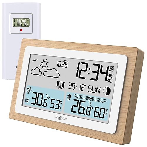 infactory Funkuhren: Funk-Wetterstation im Echtholz-Rahmen, Wettervorhersage, Uhr, Wecker (Wetterstation mit Außensensor, Hygrometer, Digitale Wanduhr) von infactory