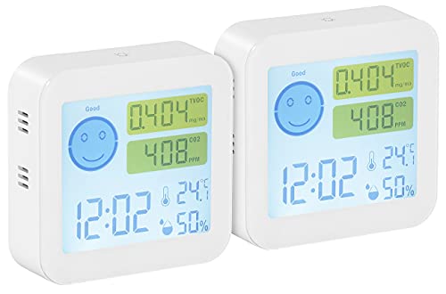 infactory Lufttester: 2er-Set TVOC- & CO2-Messgeräte mit Uhr, Temperatur, Luftfeuchtigkeit (Co2 Messer, Thermometer mit Co2 Anzeigen, Digitale Wanduhr) von infactory