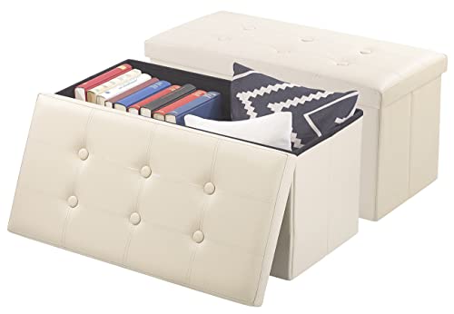 infactory Hocker: 2er-Set Faltbare 2in1-Sitzbänke und -truhen, 80 l, bis 300 kg, beige (Sitzbank mit Boxen, Aufbewahrungsbox mit Sitzfunktion, Sitzkissen) von infactory