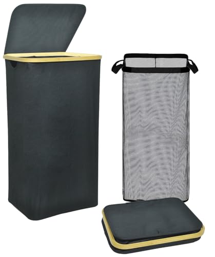 infactory Aufbewahrungs-Box: Wäschekorb mit Deckel, Bambus-Henkel, Netztasche, 100 Liter (Aufbewahrung Box mit Deckel Bambus, Korb mit) von infactory