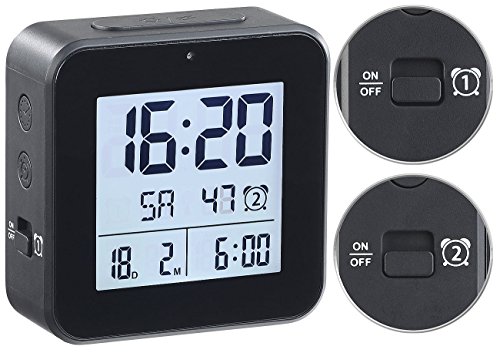 infactory Wecker: Funkwecker mit 2 Weckzeiten, Hygro-/Thermometer & Lichtsensor, schwarz (Wecker mit Wochenendfunktion, Zwei Weckzeiten, Alarmzeiten) von infactory