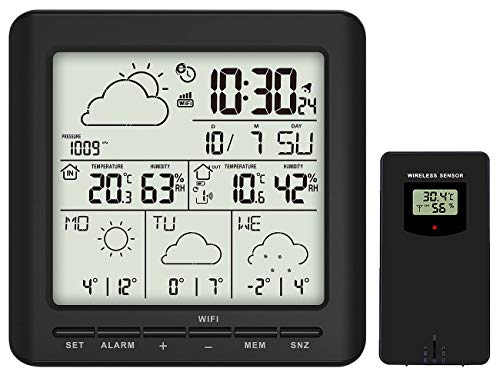 infactory Hygrometer: WLAN-Funk-Wetterstation mit Außensensor, LCD-Display, Wettertrend, App (Internet Wetterstation, Thermometer Gewächshaus, Wetterstationen Außensensoren) von infactory
