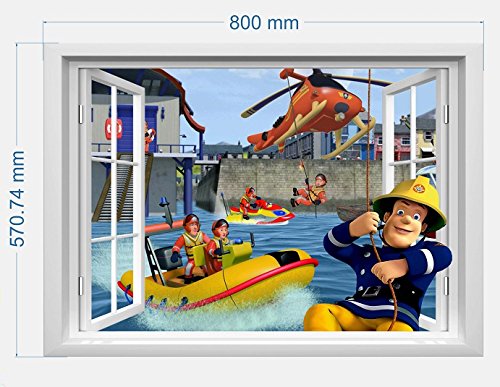 infans Feuerwehrmann Sam Wand Aufkleber 3D-Fenster, Kids Schlafzimmer Jungen Mädchen Art Wand Wandbild Tapete Größe L 57 cm x 80 cm von INFANS