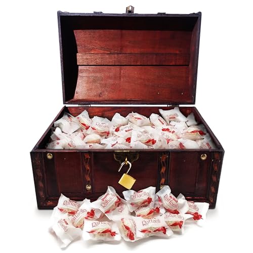 infinimo süßigkeiten kindergeburtstag Schatztruhe Kindergeburtstag gefüllt mit 66stk Raffaello (Ca. 2kg alle zusammen)- Geschenk-Box verschließbar mit Deckel - 28x19x15cm groß von infinimo