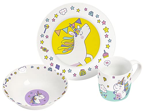infinite by GEDA LABELS (INFKH) Kindergeschirr-Set Einhorn Doodle 3-teilig, Weiß mit bunten Doodles, Cartoon-Muster, 3 Stück von infinite by GEDA LABELS (INFKH)