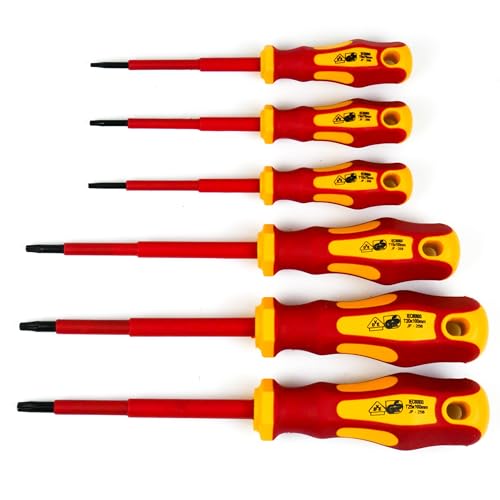 INGDAUM® 6er Set VDE Torx Schraubendreher für Torx-Schrauben T8*3*75 mm, T9*3*75mm, T10*3*75mm, T15*4*100mm, T20*4*100mm und T25*4*100mm, isoliert gegen 1000 V, für den professionellen Elektriker von ingdaum