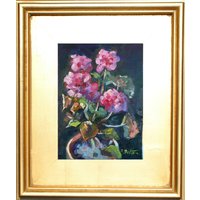 Rosa Geranie Malerei, Blumentopf Blumen Stillleben, Original Ölgemälde, Kleines Gemälde Mit Goldrahmen, Impressionist von ingridspaintings