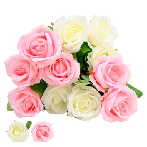 inheming 12 Stück Rosen Künstliche, Künstliche Blumen,blumenstrauß künstlich,Single Long Stem Fake Rose,für Hochzeitsdeko Brautsträuß Heiratsantrag,(Rosa und weiß) von inheming
