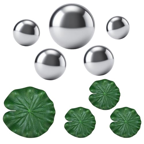 inkihuit Edelstahl Schwimmkugeln Set mit 4 Lotusblättern - Reflektierende Wasserdekoration für Terrassenteich, Mini-Teich & Gartenbrunnen von inkihuit