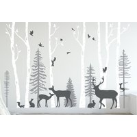 Kinderzimmer Birkenbaum Kiefer Wandtattoo Wald Waldtiere Aufkleber Rehe Vögel Hase Eichhörnchen Custom Farben Größe | 11 Bäume Inklusive #3111 von innovativestencils