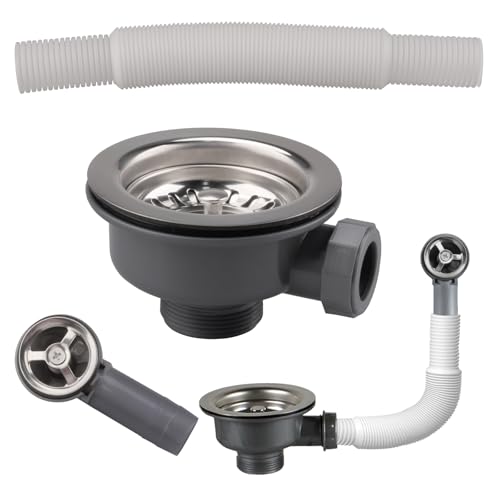 Inodiref Ablaufgarnitur Spüle 114mm Spülbecken Ablaufgarnitur Spülenablauf mit Überlauf Edelstahl Siebkorbventil Verdicktes Design 1½" für Spülbeckenlochgröße 83–90 mm(Runde Schnittstelle) von inodiref