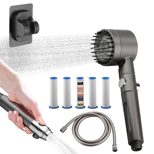 Inodiref Duschkopf Mit Schlauch Hochdruck Handbrause mit Filtration,Duschkopf Mit Filter 4 Strahlarten Duschkopf Wassersparend,Duschbrause Mit Schlauch 1,5M, mit Massagefunktion und Stopptaste(Grau) von inodiref