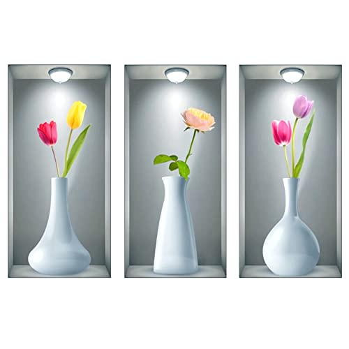 inodiref 3 Stücke Vasen mit Blumen Wandtattoo für Wohnzimmer,3D Effekt Wandsticker Vase für das Schlafzimmer Wohnzimmer Kinderzimmer Küchenbüro(40 * 20cm) von inodiref