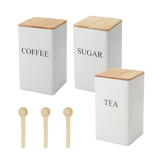 inodiref 3 Teiliges Set Vorratsdosen Kaffeedose Küchen Vorratsbehälter Edle Eckige Teedose mit Luftdicht Dekel und Schaufel für Gewürz Müsli Kaffee Tee Zucker (Weiß) von inodiref