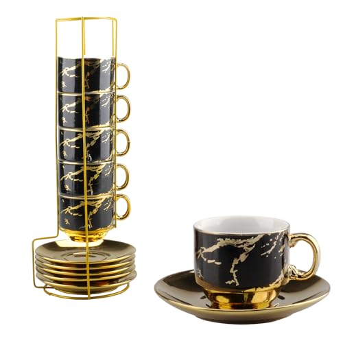 inodiref 6 Espressotassen Set Keramik Espresso Tassen Set mit Untertasse 75 ml Kaffeetassen Set 6er mit Ständer(Schwarzes Gold) von inodiref