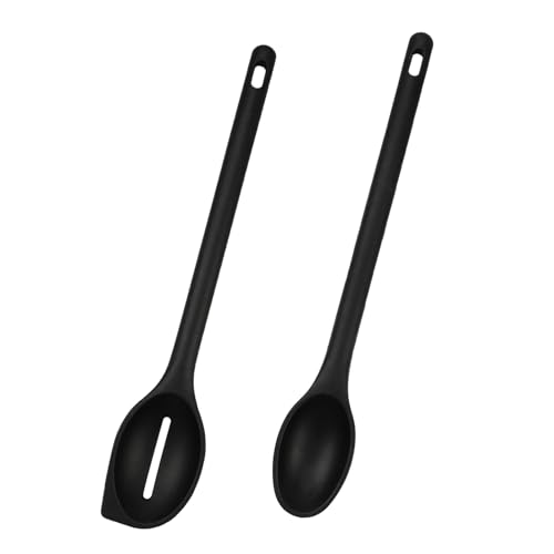 inodiref 30cm Silikon Kochlöffel Set aus 2 Schwarz Hitzebeständiger Silikon Kochlöffel Kochlöffel Silikon Silikon Mischlöffel Set BPA Frei zum Kochen Backen Schöpfen Rühren von inodiref