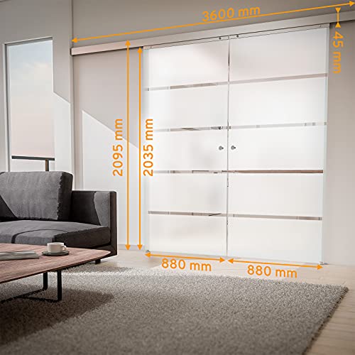 inova Doppel Glas-Schiebetür 2-Flügelig 1760 x 2035 mm Blockstreifen Alu Komplettset mit Lauf-Schiene und Griffknopf beidseitiger Softclose von inova