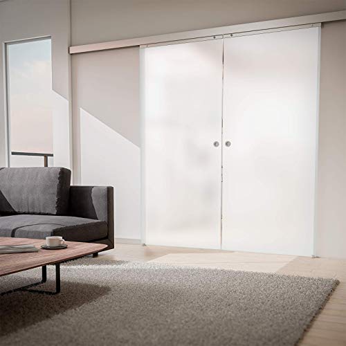 inova Doppeltür Glas-Schiebetür 2-Flügelig 1760 x 2035 mm satiniert Alu Komplettset mit Lauf-Schiene und Griffknopf beidseitige Einzugsdämpfung von inova