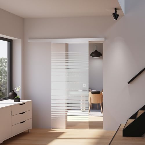 inova Glas-Schiebetür 880 x 2035 mm streifen Design Alu Komplettset mit Lauf-Schiene und Quadratgriff inkl. beidseitigem Softlcose von inova