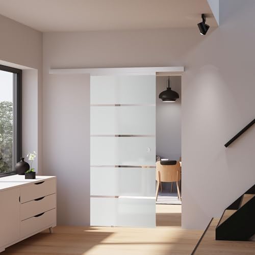 inova Glas-Schiebetür 900 x 2035 mm Blockstreifen Design Alu Komplett-Set mit Laufschiene beidseitigem Softclose Griffmuschel von inova