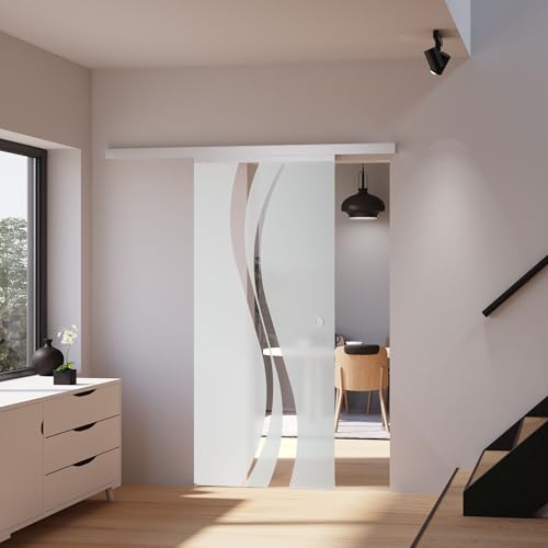 inova Glas-Schiebetür Komplettset 755 x 2035 mm wellen Design 8 mm ESG Alu Lauf-schiene mit Griffmuschel + einseitiger Softclose von inova
