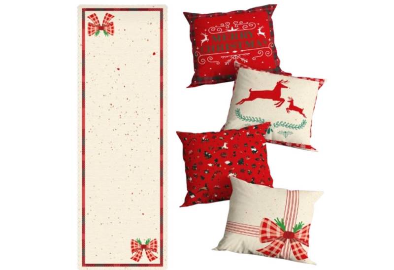 inovesis Kissenbezüge Weihnachts Kissenbezüge mit Reißverschluss, Tischläufer aus Leinen, (4 Stück), Weihnachts Kissenbezüge mit Tisch-Runner von inovesis