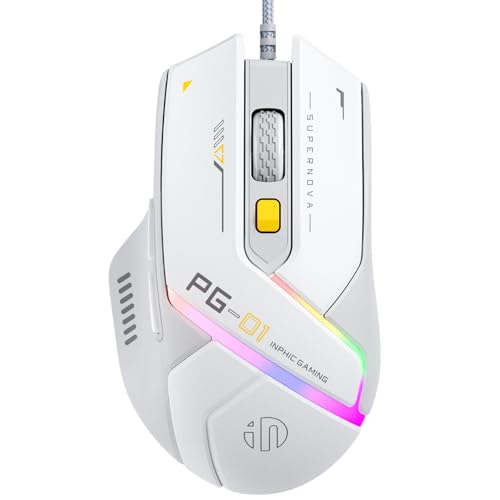 INPHIC PG1 Gaming Maus mit Kabel, 12800 DPI Hochpräzise, 6 programmierbare Tasten, atmungsaktive RGB Hintergrundbeleuchtung Ergonomische PC Maus Kabel für Computer/Mac/Laptop - Weiß INPHIC PG1 Gaming Maus mit Kabel, 12800 DPI Hochpräzise, 6 programmierbare Tasten, atmungsaktive RGB Hintergrundbeleuchtung Ergonomische PC Maus Kabel für Computer/Mac/Laptop - Weiß von inphic
