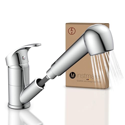 instmaier K2 Niederdruck Wasserhahn Küche | ausziehbar und schwenkbar | Spültischarmatur mit Geschirrbrause | Küchenarmatur mit 2 Strahlarten | Einhebelmischer mit Brause | Chrom von instmaier