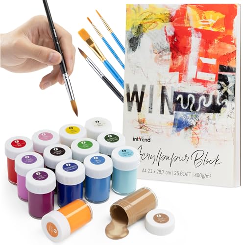 int!rend Acrylfarben Set mit 5 Pinseln und Papier - 14x 18ml Acryl Farben - Wasserfeste Acrylfarbe zum Bemalen von Leinwand, Holz, Ton & Steine - Acrylic Paint 14 Farben im Topf von int!rend