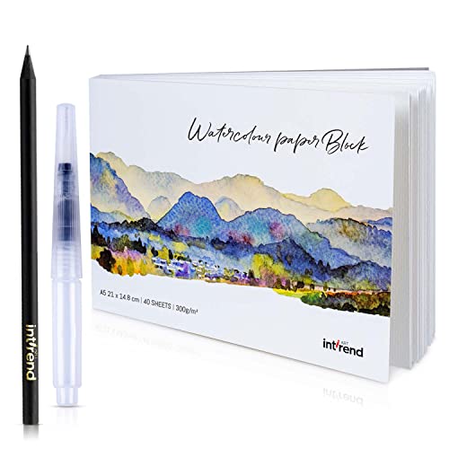 int!rend Aquarellpapier A5 300 g/m² - 40 Seiten - Aquarellblock A5 Malpapier mit Wassertankpinsel & Bleistift - Aquarell Papier zum Malen - Watercolor Paper Aquarell Block von int!rend