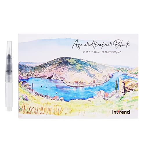 int!rend Aquarellpapier A6 300 g/m² - 60 Seiten - Aquarellblock A6 mit Wassertankpinsel & Bleistift - Aquarellpapier Postkartenformat - Aquarell Papier Karten - Postkarten Blanko von int!rend