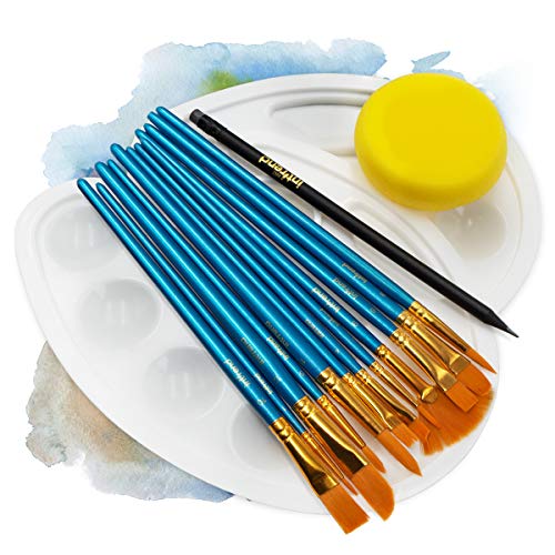 int!rend Pinsel Set 16-teilig - Aquarellpinsel Pinsel Acrylfarbe - 12 feine Malpinsel 2 Mischpaletten 1 Schwamm 1 Bleistift - Acrylfarben Aquarell Ölfarben - Schulpinsel Pinselset von int!rend