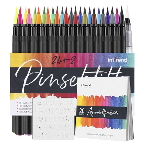 int!rend Brush Pen Set - 24 Aquarellstifte, 2 Wasserpinselstifte, 20 Blätter Aquarellpapier, 5 Schablonen - Handlettering Stifte, Pinselstifte für Bullet Journal, Malen Stifte Set int!rend Brush Pen Set - 24 Aquarellstifte, 2 Wasserpinselstifte, 20 Blätter Aquarellpapier, 5 Schablonen - Handlettering Stifte, Pinselstifte für Bullet Journal, Malen Stifte Set von int!rend