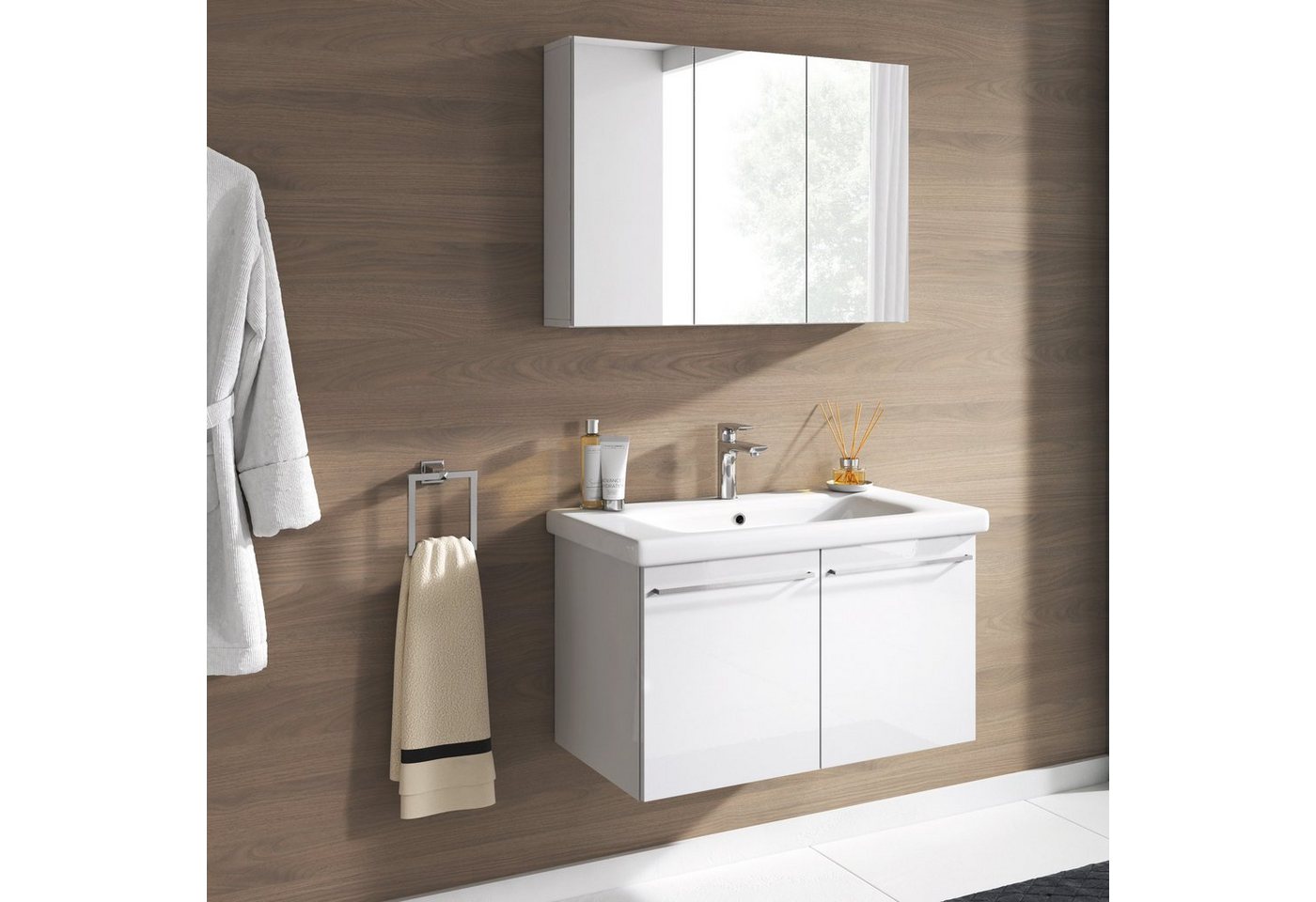 inter Badmöbel-Set Cor-sica 2 tlg. Hochglanz inkl. 3 Türige Spiegelschrank 80cm, (Komplettset, Waschbeckenschrank mit Speiegelschrank), Fronten in Hochglanz von inter