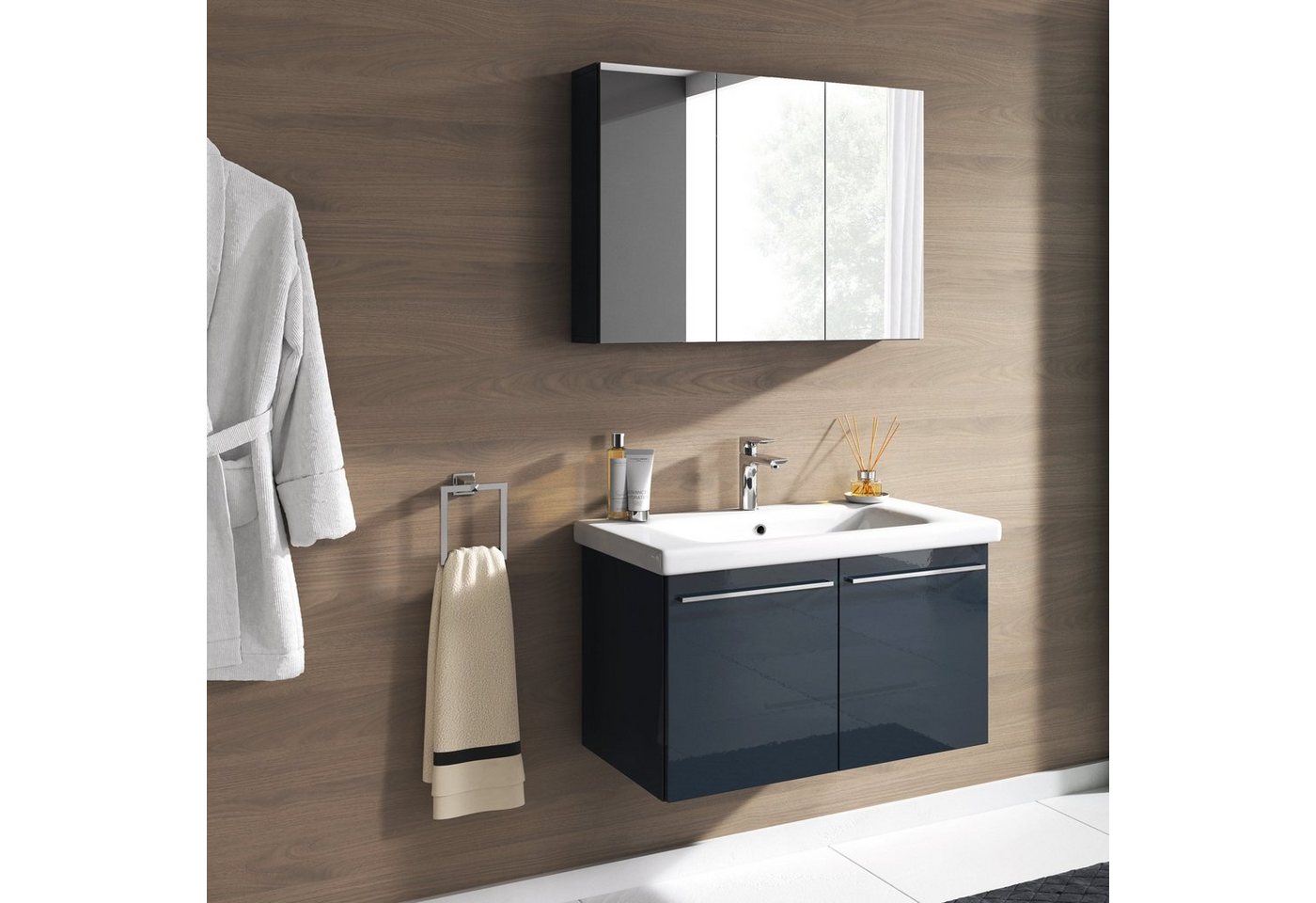 inter Badmöbel-Set Cor-sica 2 tlg. Hochglanz inkl. 3 Türige Spiegelschrank 80cm, (Komplettset, Waschbeckenschrank mit Speiegelschrank), Fronten in Hochglanz von inter