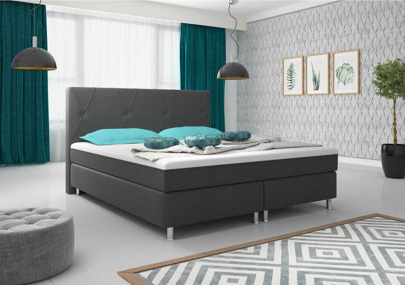 interbed Boxspringbett Boston Plus mit integriertem Topper 180x200 Webstoff (Boxspringbett, Spar set), inkl.Kopfteil mit mit integriertem Topper von interbed