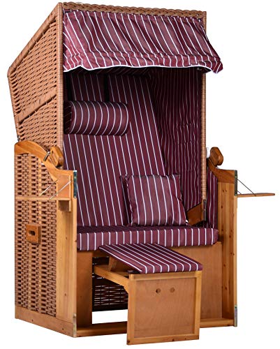 intergrill Strandschönheiten AVA Strandkorb Ostsee | 1-Sitzer Liege Beige Vollholzfront | Burgund Weiß gestreift | Für Balkon Terrasse Garten Wintergarten von intergrill